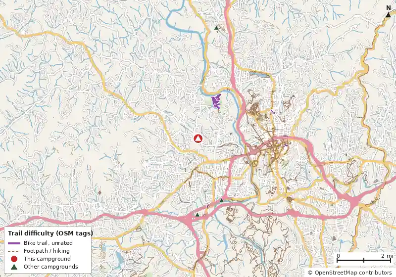 Map of roads, water and trails within about 5 miles of Alex Taub, with bike trails colored by their OpenStreetMap difficulty tags