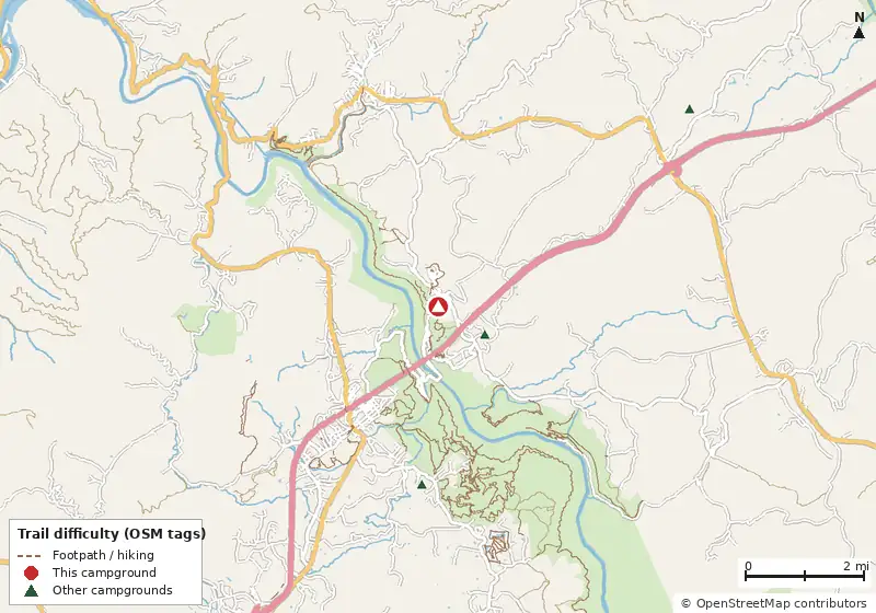 Map of roads, water and trails within about 5 miles of American Alpine Club New River Gorge Campground