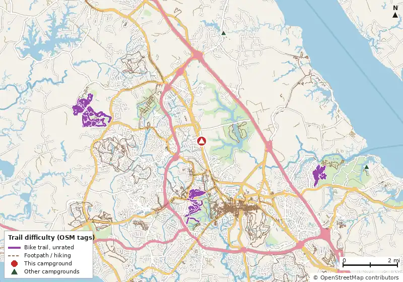 Map of roads, water and trails within about 5 miles of Anvil Campground, with bike trails colored by their OpenStreetMap difficulty tags