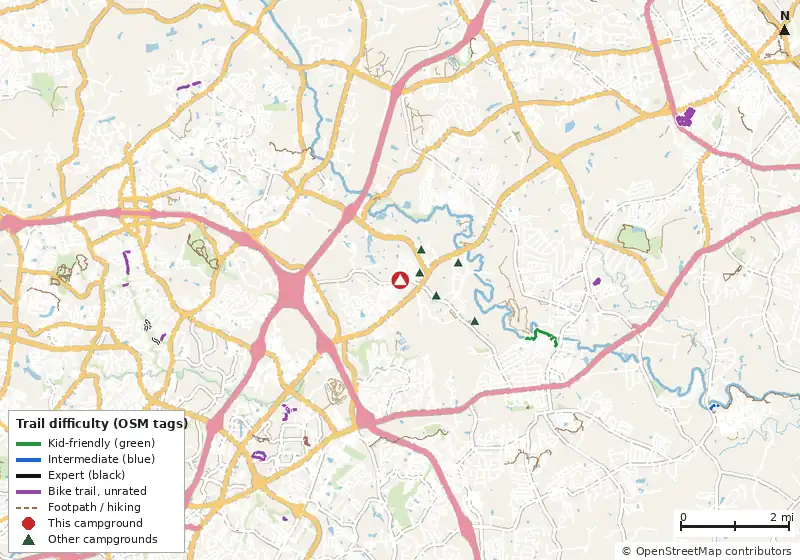 Map of roads, water and trails within about 5 miles of Apollo RV Park, with bike trails colored by their OpenStreetMap difficulty tags