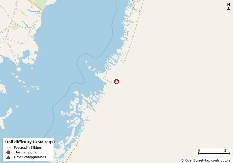 Map of roads, water and trails within about 5 miles of Assateague Island National Seashore Campground