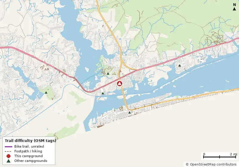 Map of roads, water and trails within about 5 miles of Bogue Sound RV Park, with bike trails colored by their OpenStreetMap difficulty tags