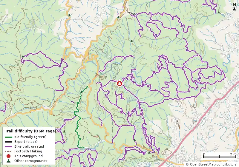Map of roads, water and trails within about 5 miles of Buckhorn Gap Shelter and Campsite, with bike trails colored by their OpenStreetMap difficulty tags