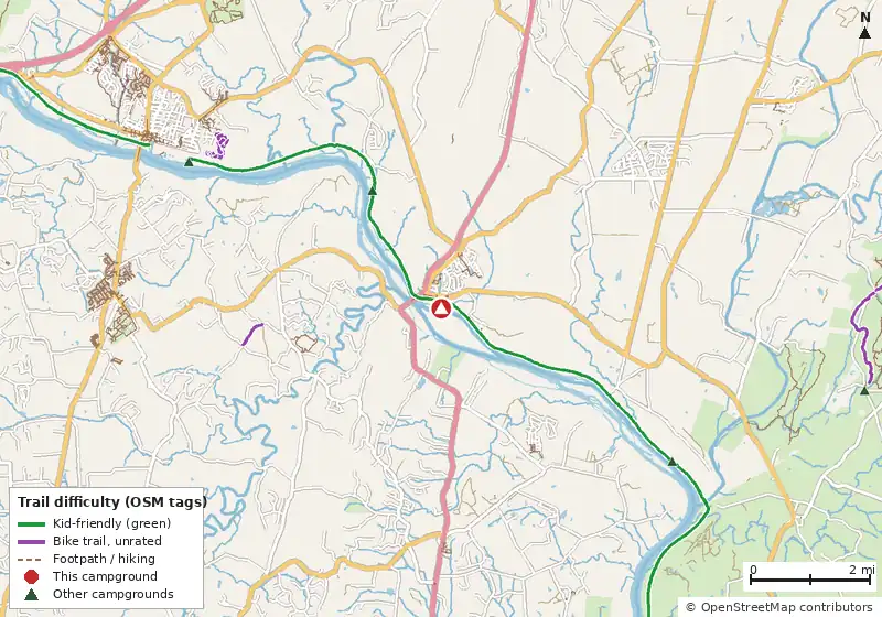 Map of roads, water and trails within about 5 miles of Calico Rocks Hiker-Biker Overnight (HBO) Campsite, with bike trails colored by their OpenStreetMap difficulty tags