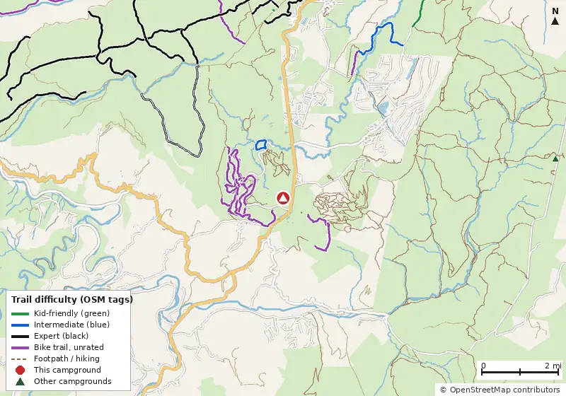 Map of roads, water and trails within about 5 miles of Canaan Valley Resort State Park Campground, with bike trails colored by their OpenStreetMap difficulty tags