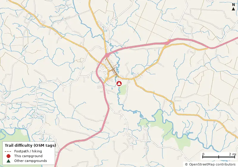 Map of roads, water and trails within about 5 miles of Cashie River Treehouses and Campground