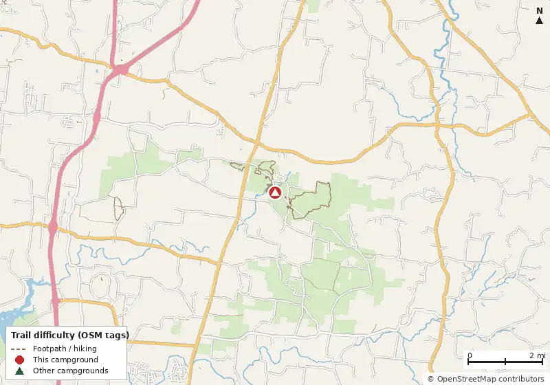 Map of roads, water and trails within about 5 miles of Cedars of Lebanon State Park Campground