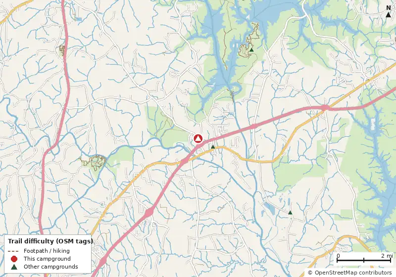Map of roads, water and trails within about 5 miles of Chatham RV Park