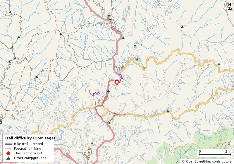 Map of roads, water and trails within about 5 miles of Cherokee Riverfront RV Park, with bike trails colored by their OpenStreetMap difficulty tags