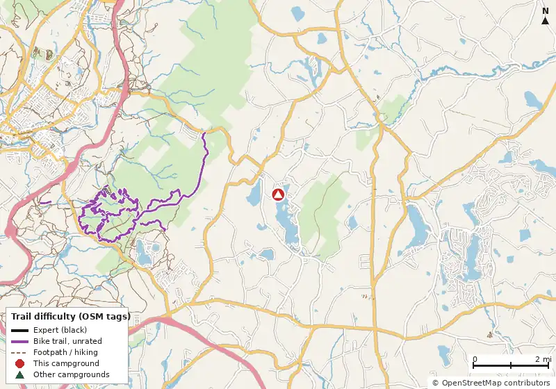 Map of roads, water and trails within about 5 miles of Clayton Park RV Escape, with bike trails colored by their OpenStreetMap difficulty tags
