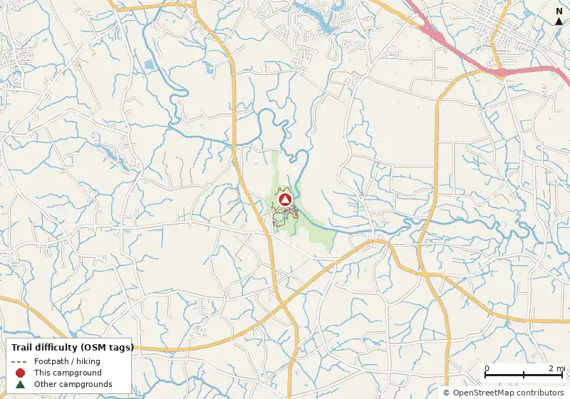 Map of roads, water and trails within about 5 miles of Cliffs of the Neuse State Park Campground
