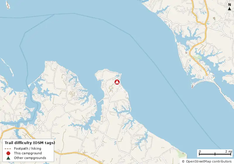 Map of roads, water and trails within about 5 miles of Coles Point Marina and RV Resort