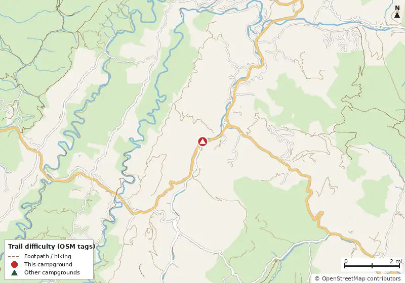 Map of roads, water and trails within about 5 miles of Cooper's Campground