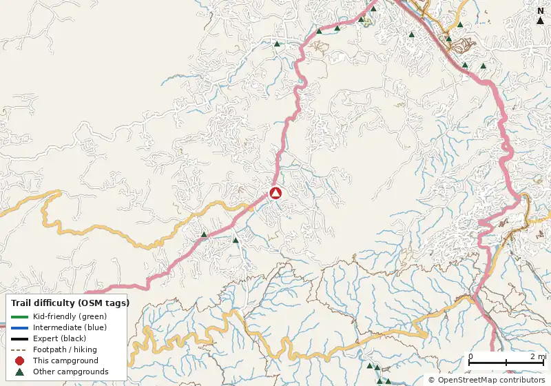 Map of roads, water and trails within about 5 miles of Cove Mountain RV Resort, with bike trails colored by their OpenStreetMap difficulty tags