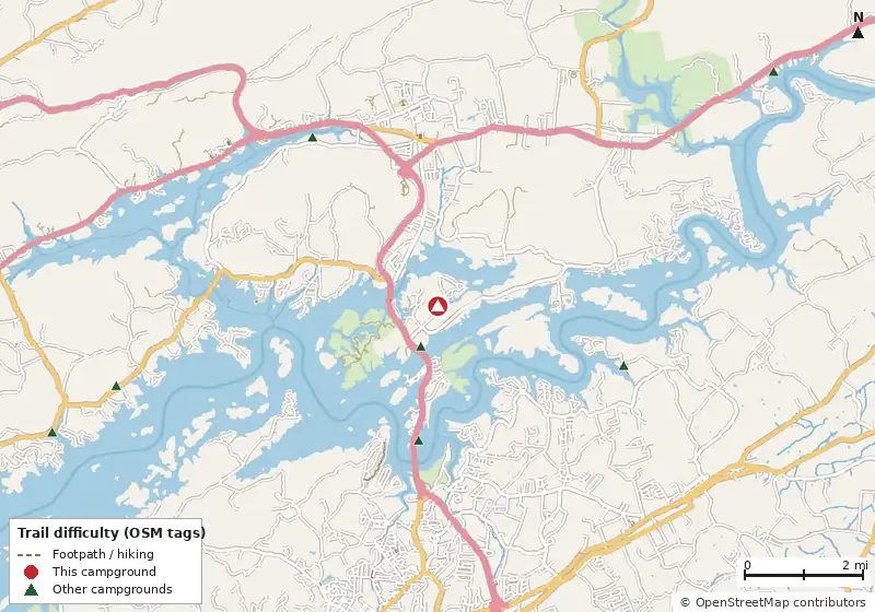 Map of roads, water and trails within about 5 miles of Eagles Nest Campground