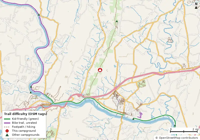 Map of roads, water and trails within about 5 miles of Ed Garvey Shelter AT Camping Area, with bike trails colored by their OpenStreetMap difficulty tags