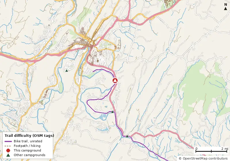 Map of roads, water and trails within about 5 miles of Evitts Creek Hiker-Biker Campsite, with bike trails colored by their OpenStreetMap difficulty tags