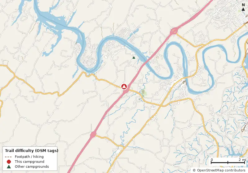 Map of roads, water and trails within about 5 miles of Express RV Park