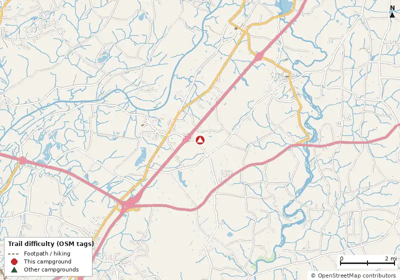Map of roads, water and trails within about 5 miles of Fayetteville RV Resort and Cottages