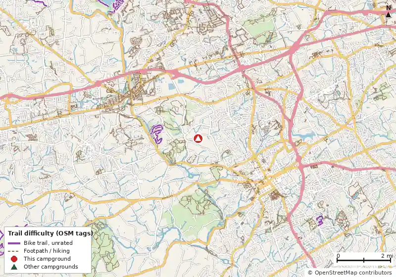 Map of roads, water and trails within about 5 miles of Harmony Hill Camp Park, with bike trails colored by their OpenStreetMap difficulty tags