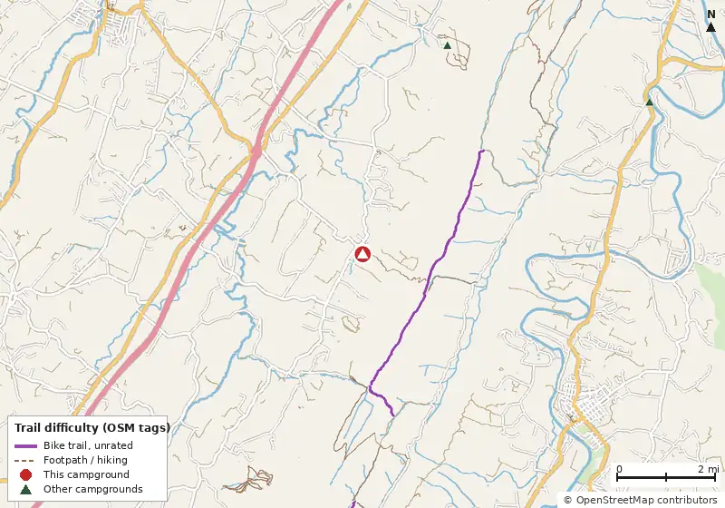 Map of roads, water and trails within about 5 miles of Harrisonburg / Shenandoah Valley KOA Holiday, with bike trails colored by their OpenStreetMap difficulty tags