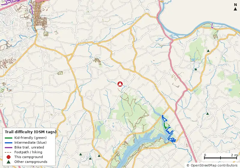 Map of roads, water and trails within about 5 miles of Haycock Camping Ministries, with bike trails colored by their OpenStreetMap difficulty tags