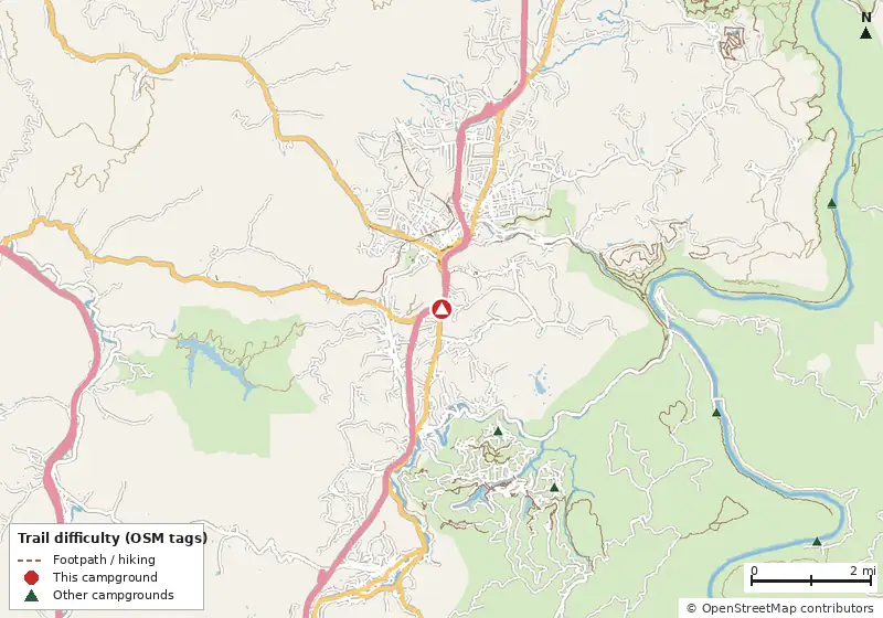 Map of roads, water and trails within about 5 miles of Hilltop Sunrise