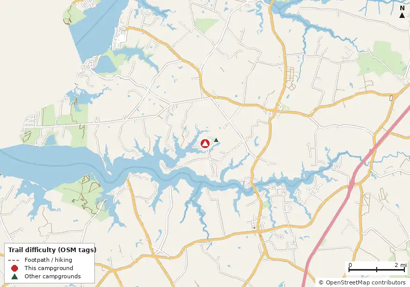 Map of roads, water and trails within about 5 miles of Indian Acres
