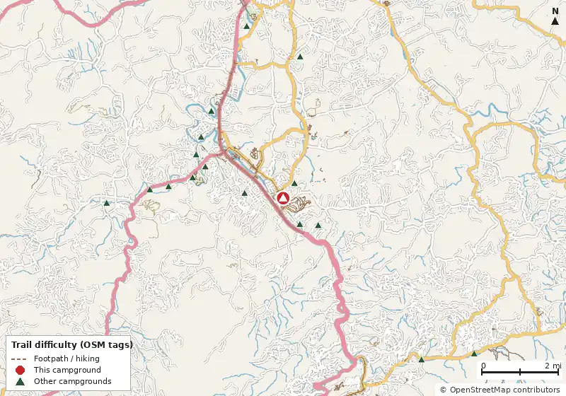 Map of roads, water and trails within about 5 miles of KOA Holiday