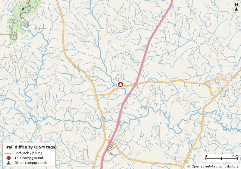 Map of roads, water and trails within about 5 miles of KOA Journey