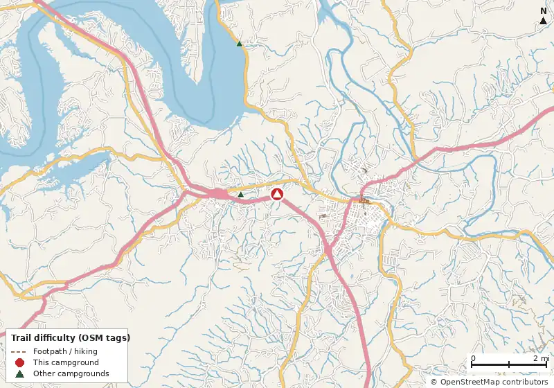 Map of roads, water and trails within about 5 miles of KOA Journey