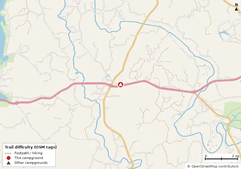 Map of roads, water and trails within about 5 miles of KOA Journey