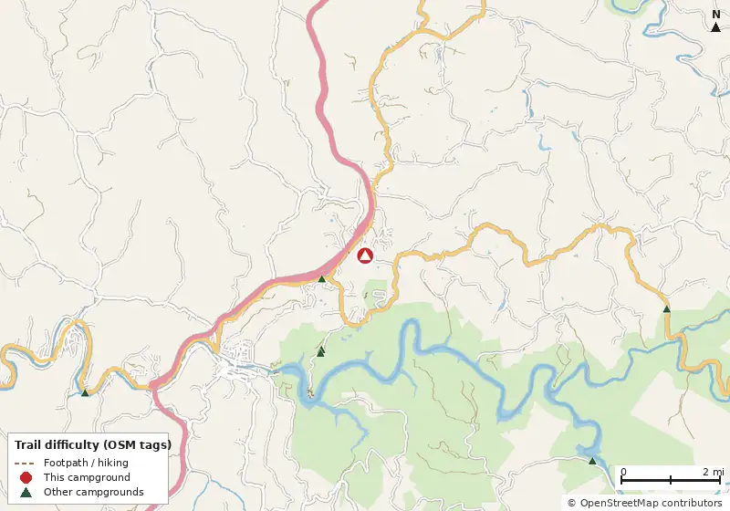 Map of roads, water and trails within about 5 miles of KOA Journey