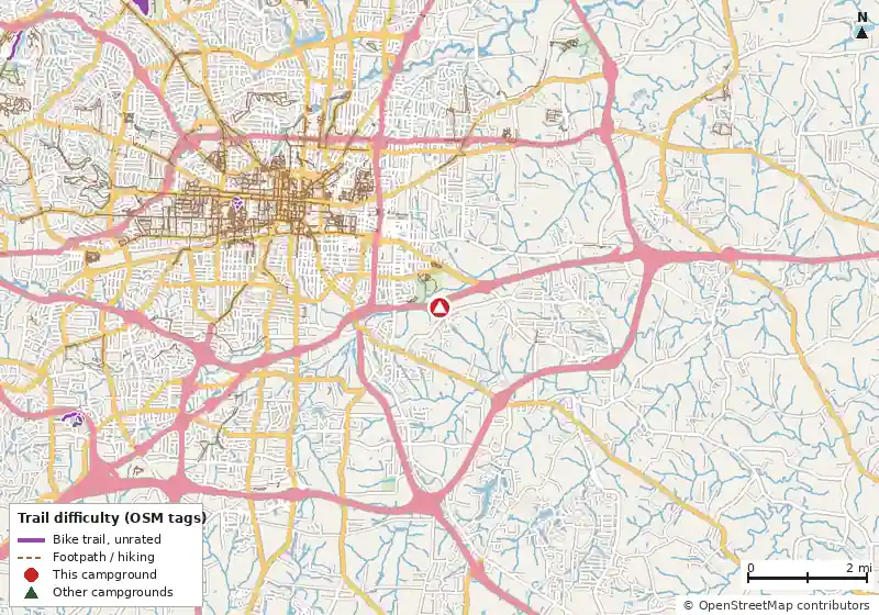 Map of roads, water and trails within about 5 miles of KOA Kampground, with bike trails colored by their OpenStreetMap difficulty tags