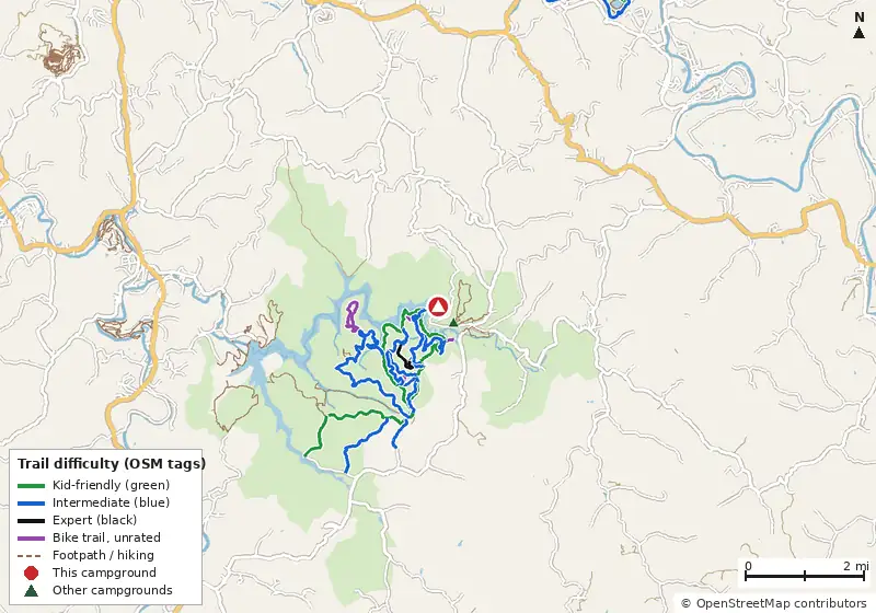 Map of roads, water and trails within about 5 miles of Lake View, with bike trails colored by their OpenStreetMap difficulty tags