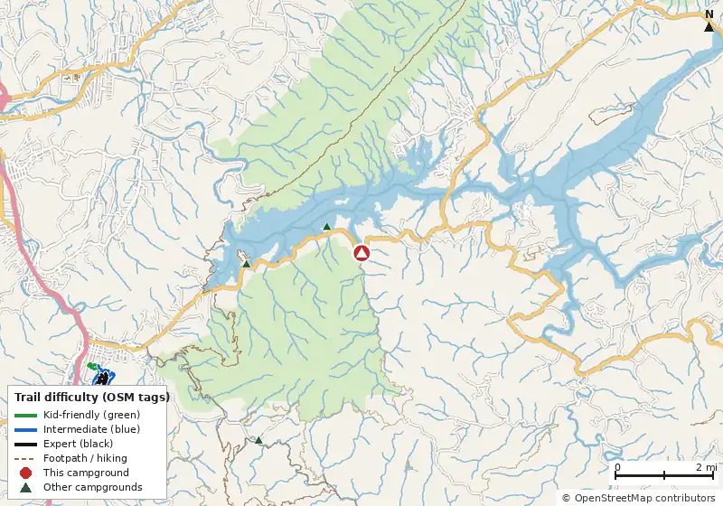 Map of roads, water and trails within about 5 miles of Little Stoney Creek Campground, with bike trails colored by their OpenStreetMap difficulty tags