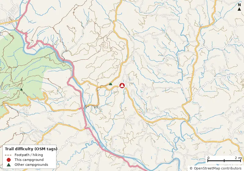 Map of roads, water and trails within about 5 miles of Lynchburg / Blue Ridge Parkway KOA Holiday