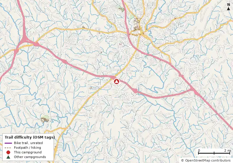 Map of roads, water and trails within about 5 miles of Mayberry Campground, with bike trails colored by their OpenStreetMap difficulty tags