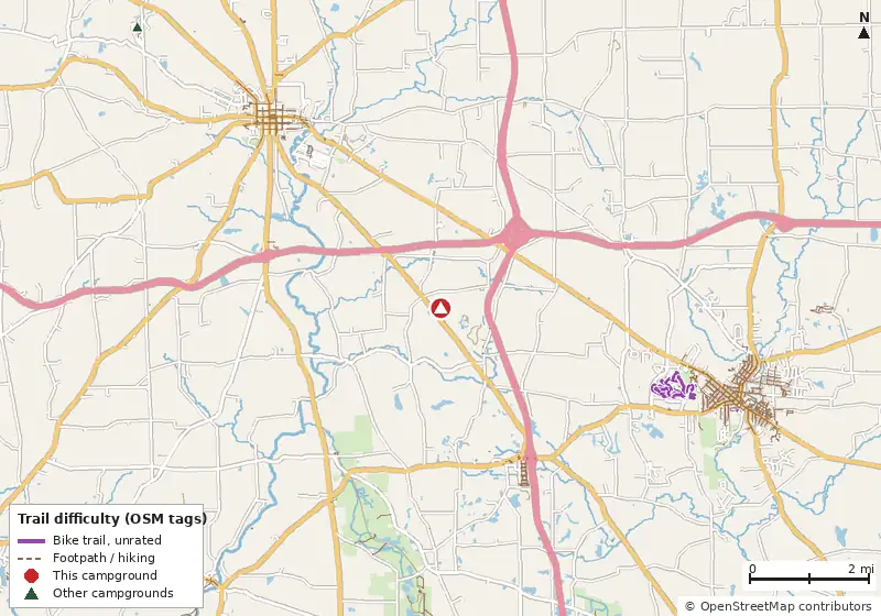 Map of roads, water and trails within about 5 miles of Mercer / Grove City KOA Holiday Campground, with bike trails colored by their OpenStreetMap difficulty tags