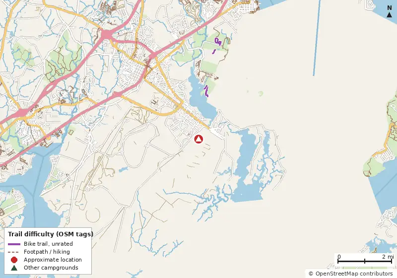 Map of roads, water and trails within about 5 miles of Shore Park Travel Camp & Marylander RV Park