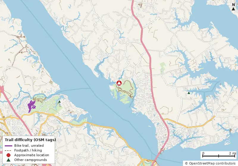 Map of roads, water and trails within about 5 miles of Cheatham Annex Campground & RV Park