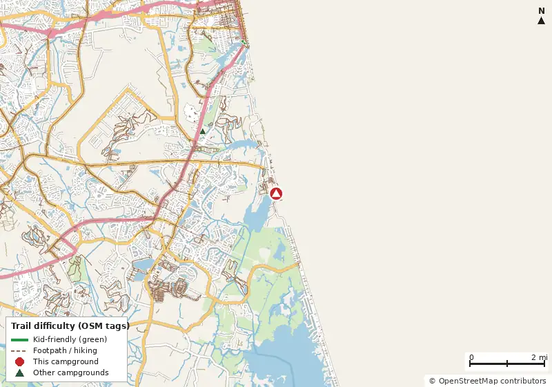 Map of roads, water and trails within about 5 miles of Sea Mist RV Park (Dam Neck)