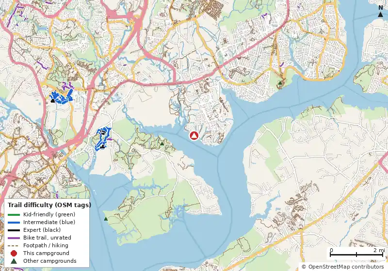 Map of roads, water and trails within about 5 miles of Fort Belvoir Travel Camp