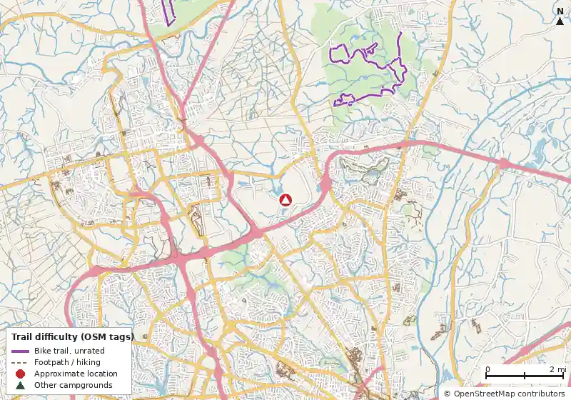 Map of roads, water and trails within about 5 miles of Smith Lake Army Travel Campground