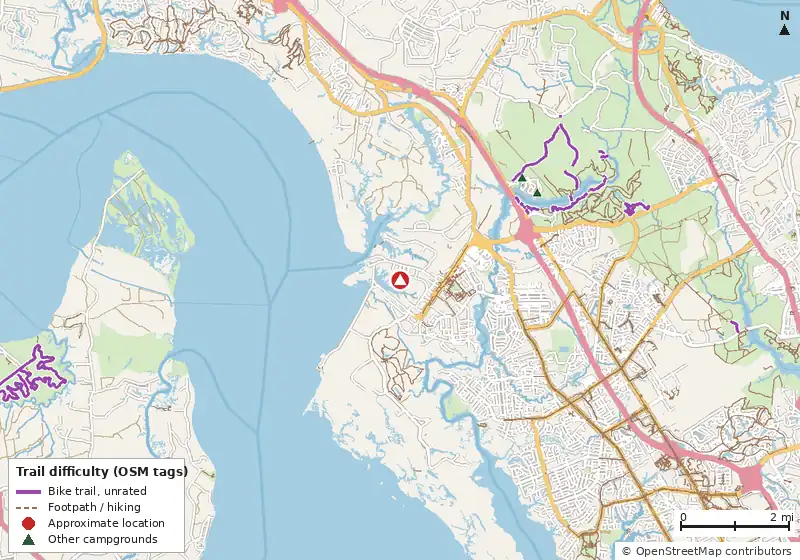 Map of roads, water and trails within about 5 miles of Fort Eustis Family Campground