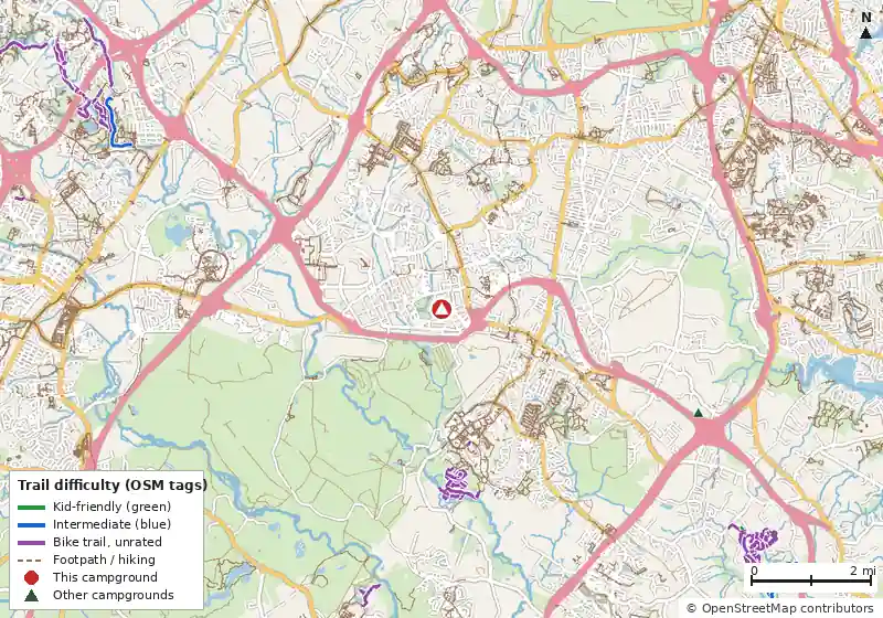 Map of roads, water and trails within about 5 miles of Camp Meade RV Park
