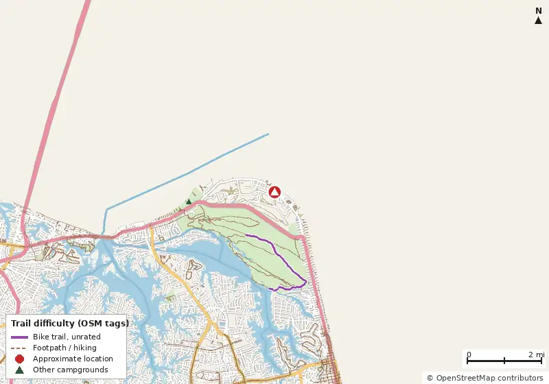 Map of roads, water and trails within about 5 miles of Fort Story Campground & RV Park