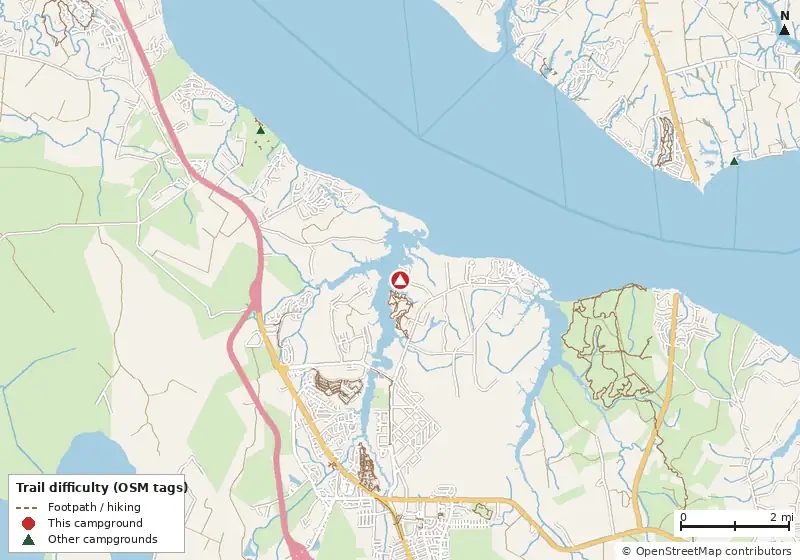 Map of roads, water and trails within about 5 miles of Pelican Point RV Park