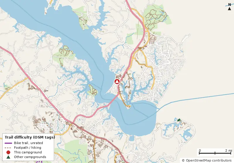 Map of roads, water and trails within about 5 miles of Navy Recreation Center Solomons