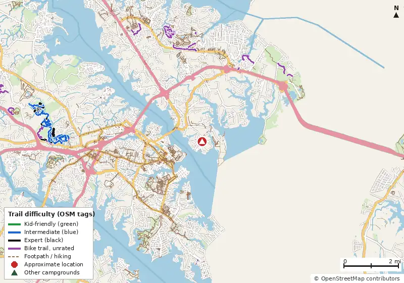 Map of roads, water and trails within about 5 miles of The Campground at NSA Annapolis